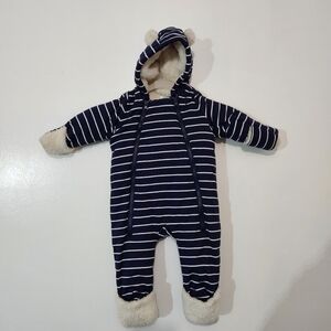 Baby Gap Bunting Snowsuit 3-6 Months Navy Stripe Fur Lined Bear Ear Hood Winter